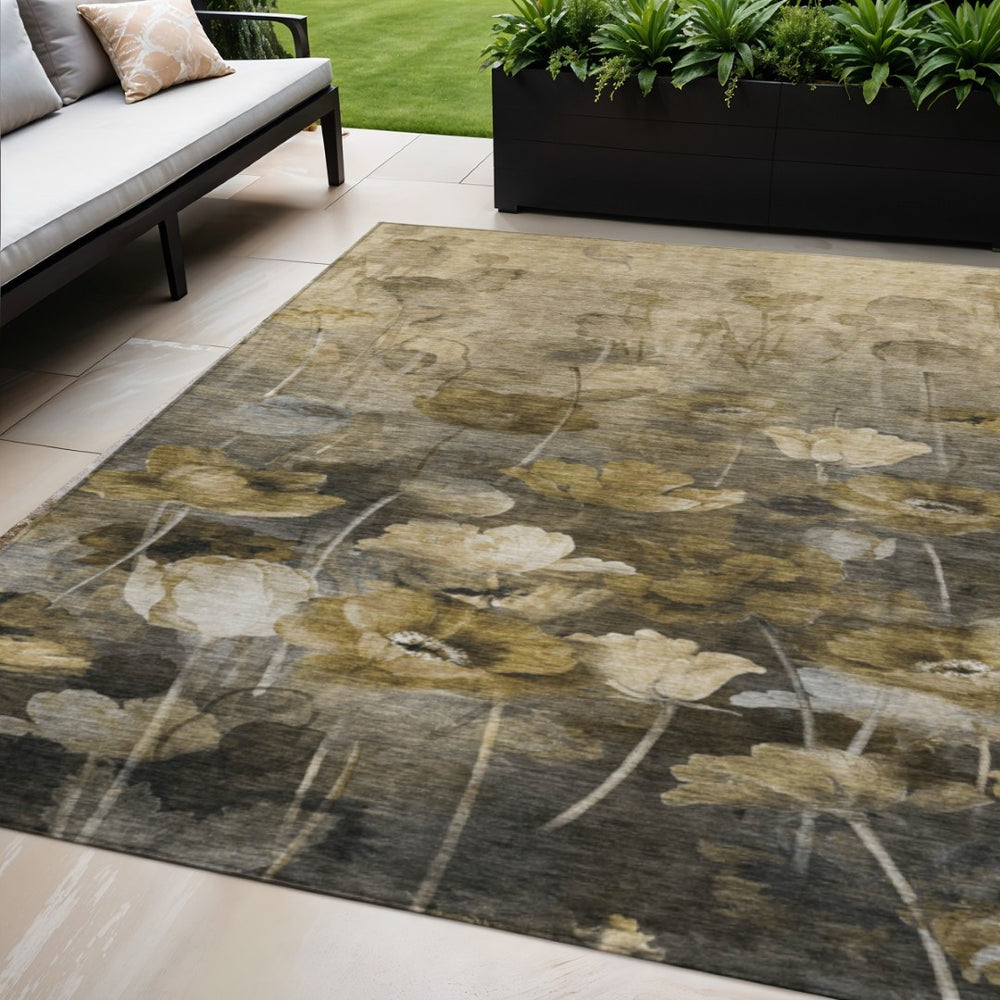 HomeRoots 5' Floral Washable Area Rug in Taupe Beige and Tan - Stylish, Durable, Perfect for Indoor and Outdoor Spaces 5' X 8' 578281