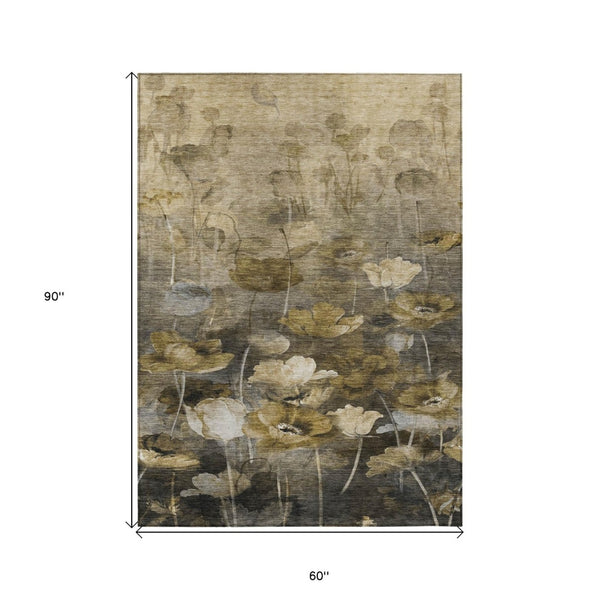 HomeRoots 5' Floral Washable Area Rug in Taupe Beige and Tan - Stylish, Durable, Perfect for Indoor and Outdoor Spaces 5' X 8' 578281