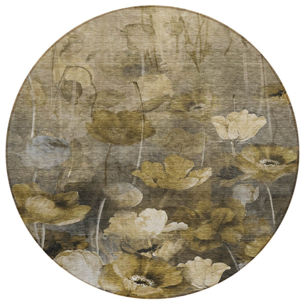 HomeRoots 5' Floral Washable Area Rug in Taupe Beige and Tan - Stylish, Durable, Perfect for Indoor and Outdoor Spaces 8' Round 578282
