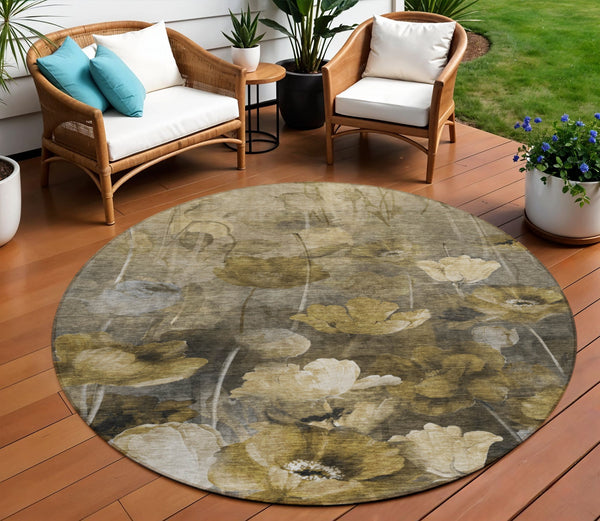 Homeroots 3' Beige Taupe Floral Washable Area Rug For Indoor And Outdoor Spaces - Stylish And Durable Design 8' Round Polyester 578282