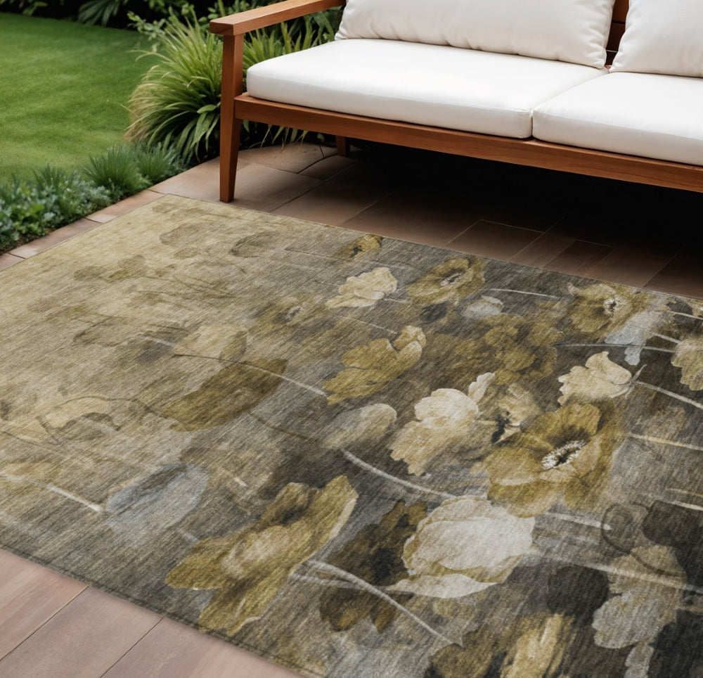 HomeRoots 9' Washable Floral Area Rug - Durable Indoor Outdoor Design in Taupe Beige & Tan for High-Traffic Spaces 9' X 12' 578284