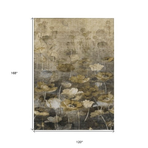 Homeroots 3' Beige Taupe Floral Washable Area Rug For Indoor And Outdoor Spaces - Stylish And Durable Design 10' X 14' Polyester 578285