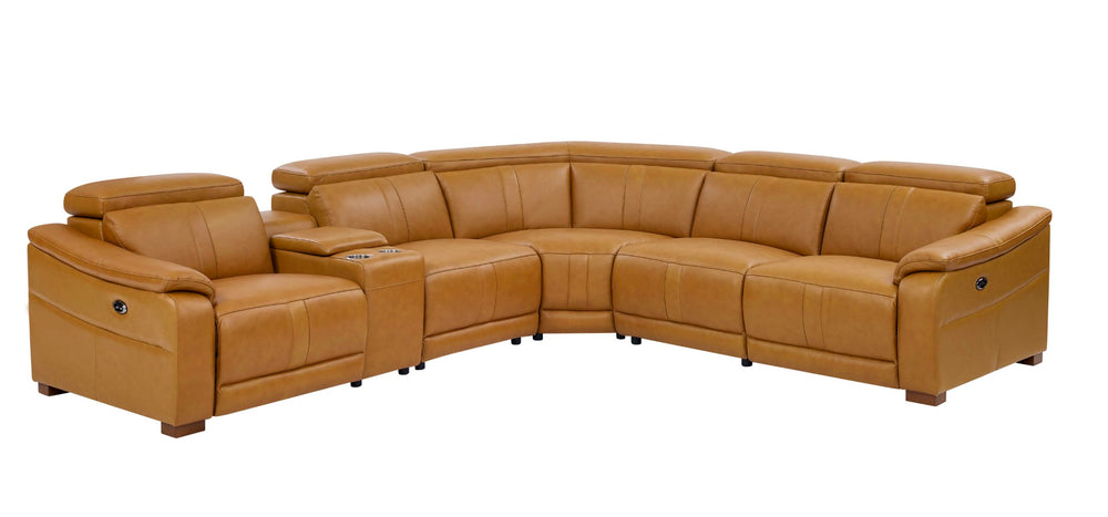 English Elm Leather Match Power Reclining Sectional with Storage Console and Adjustable Headrests Ginger B2748S00027