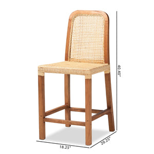 English Elm Mid-century Modern Mahogany Wood Counter Stool with Woven Rattan Back Panel B2750P470061