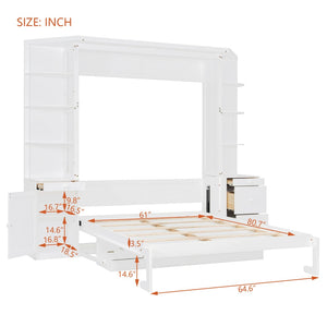 English Elm Queen Murphy Bed with Integrated Desk Cabinet Storage Wall Unit for Home Office White LP000739AAK