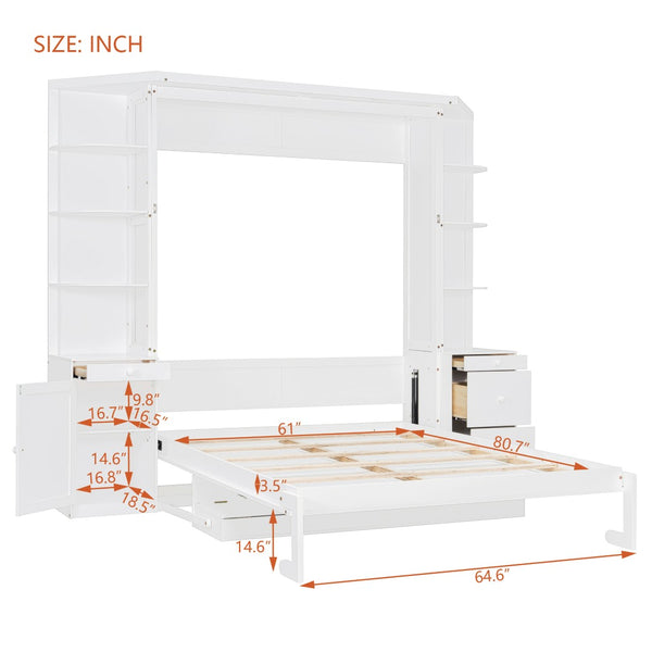 English Elm Queen Murphy Bed with Integrated Desk Cabinet Storage Wall Unit for Home Office White LP000739AAK