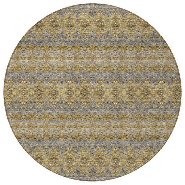 Homeroots 3' Inviting Gold Gray Silver Floral Medallion Washable Area Rug For Indoor Outdoor Spaces 8' Round Polyester 578324