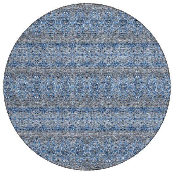 HomeRoots 5' Navy Blue and Sky Blue Floral Medallion Area Rug - Durable, Washable, Indoor/Outdoor Style! 8' Round 578336
