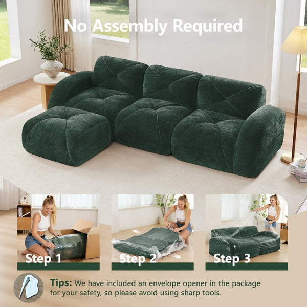 English Elm L-shaped Velvet Sectional Sofa Tufted Modular Seating with Ottoman for Living Room Green W714S01603