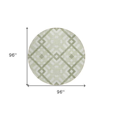 Homeroots 3' Artichoke Green Geometric Washable Area Rug - Perfect For Indoor And Outdoor Spaces, Durable Design 8' Round Polyester 578366
