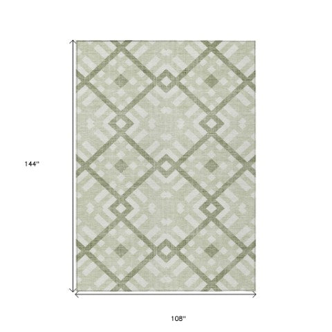 Homeroots 3' Artichoke Green Geometric Washable Area Rug - Perfect For Indoor And Outdoor Spaces, Durable Design 9' X 12' Polyester 578368