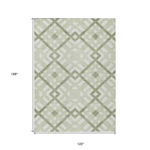 Homeroots 3' Artichoke Green Geometric Washable Area Rug - Perfect For Indoor And Outdoor Spaces, Durable Design 10' X 14' Polyester 578369
