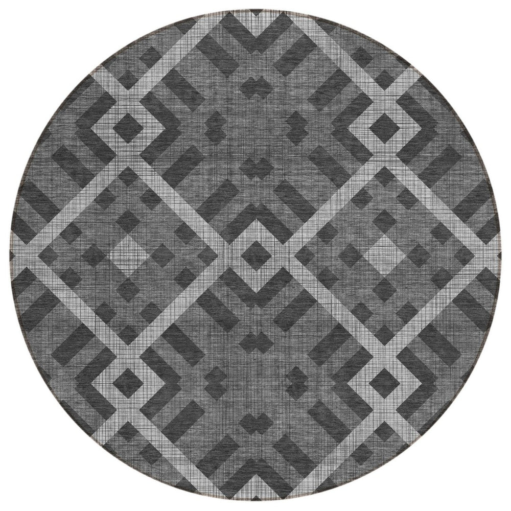 HomeRoots 5' Modern Charcoal Gray and Silver Geometric Area Rug for Indoor and Outdoor Spaces, Washable Design 8' Round 578378