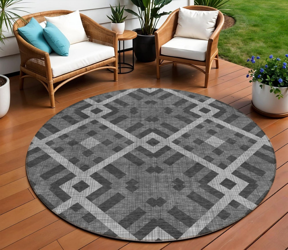 HomeRoots 5' Modern Charcoal Gray and Silver Geometric Area Rug for Indoor and Outdoor Spaces, Washable Design 8' Round 578378