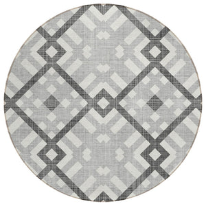 HomeRoots 5' Modern Geometric Gray Charcoal and Ivory Area Rug - Durable, Washable for Indoor & Outdoor Use 8' Round 578390
