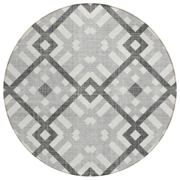 HomeRoots 5' Modern Geometric Gray Charcoal and Ivory Area Rug - Durable, Washable for Indoor & Outdoor Use 8' Round 578390