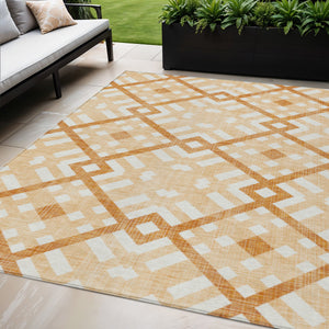 Homeroots 3' Artichoke Green Geometric Washable Area Rug - Perfect For Indoor And Outdoor Spaces, Durable Design 5' X 8' Polyester 578407