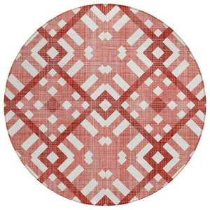 HomeRoots 5' Red and Ivory Geometric Indoor Outdoor Area Rug – Stylish, Durable, and Washable for Any Space 8' Round 578426