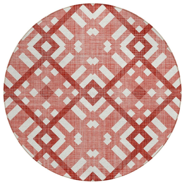 HomeRoots 5' Red and Ivory Geometric Indoor Outdoor Area Rug – Stylish, Durable, and Washable for Any Space 8' Round 578426