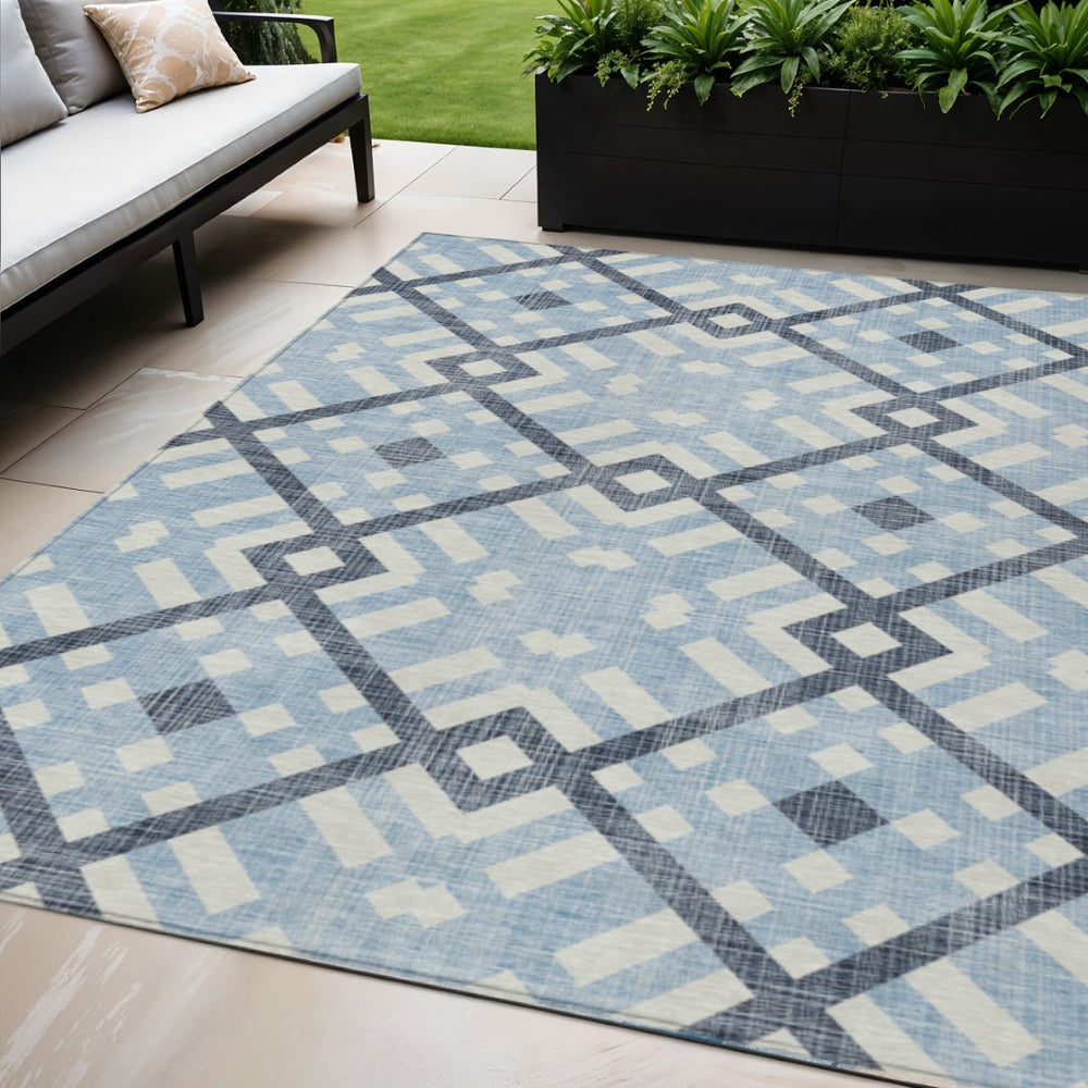 HomeRoots 5' Geometric Indoor Outdoor Area Rug in Sky Blue, Navy, and Ivory - Stylish, Washable & Durable Design 5' X 8' 578443