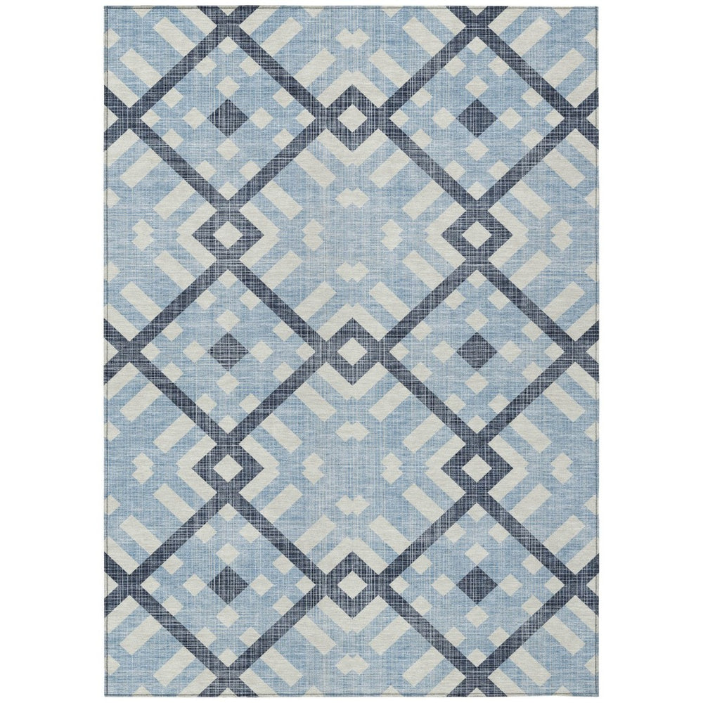HomeRoots 5' Geometric Indoor Outdoor Area Rug in Sky Blue, Navy, and Ivory - Stylish, Washable & Durable Design 5' X 8' 578443