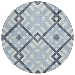 HomeRoots 5' Geometric Indoor Outdoor Area Rug in Sky Blue, Navy, and Ivory - Stylish, Washable & Durable Design 8' Round 578444