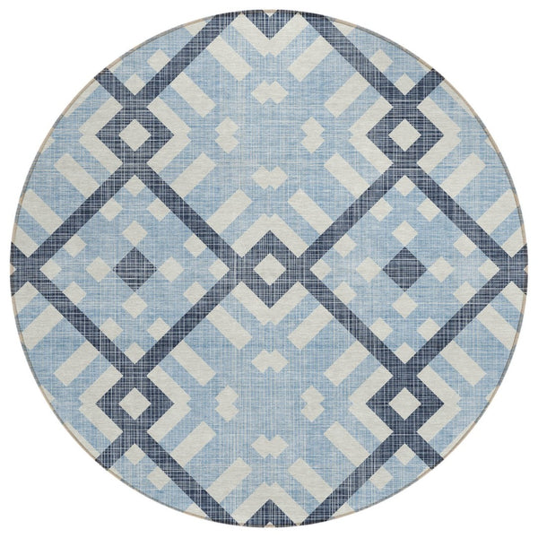 HomeRoots 5' Geometric Indoor Outdoor Area Rug in Sky Blue, Navy, and Ivory - Stylish, Washable & Durable Design 8' Round 578444