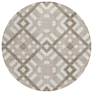 HomeRoots 5' Taupe Brown and Ivory Geometric Indoor Outdoor Area Rug - Stylish, Durable, and Washable Design 8' Round 578450