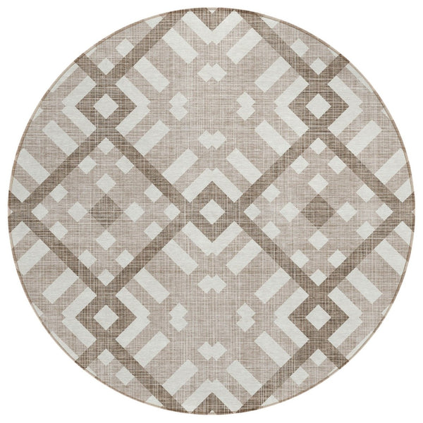 HomeRoots 5' Taupe Brown and Ivory Geometric Indoor Outdoor Area Rug - Stylish, Durable, and Washable Design 8' Round 578450