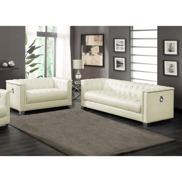 English Elm Hailey Pearl White Faux Leather 2-Piece Sofa Set with Deep Button Tufting, Chrome Doorknockers, Durable Wood Frame B062S00849