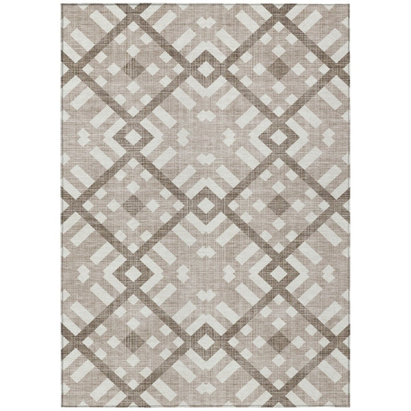 HomeRoots 9' Stylish Taupe Brown and Ivory Geometric Area Rug for Indoor and Outdoor High-Traffic Spaces 9' X 12' 578452