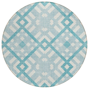 HomeRoots 5' Teal Blue Aqua and Ivory Geometric Area Rug - Stylish, Durable, Washable for Indoor and Outdoor Use 8' Round 578456