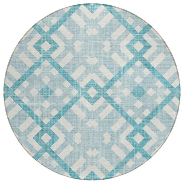 HomeRoots 5' Teal Blue Aqua and Ivory Geometric Area Rug - Stylish, Durable, Washable for Indoor and Outdoor Use 8' Round 578456