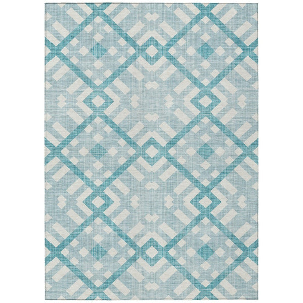 HomeRoots 9' Stylish Teal Blue Aqua Geometric Indoor-Outdoor Area Rug - Durable, Washable, Modern Design 9' X 12' 578458