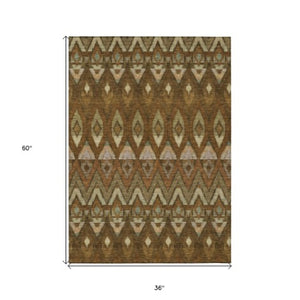 Homeroots 3' Southwestern Washable Indoor Outdoor Area Rug In Brown Beige And Artichoke Green For Versatile Style 3' X 5' Polyester 578460