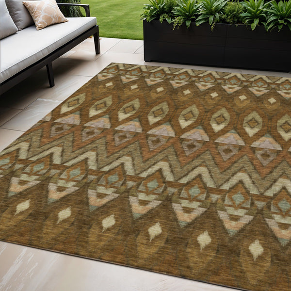 Homeroots 3' Southwestern Washable Indoor Outdoor Area Rug In Brown Beige And Artichoke Green For Versatile Style 5' X 8' Polyester 578461