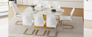 English Elm Table And Chair Set - Luxurious 71" Pandora Glass Top With Gold C-Shaped Legs & 8 White Pu Chairs W1151S03228-GIGA
