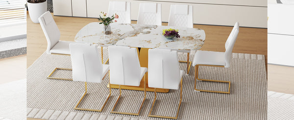 English Elm Table And Chair Set - Luxurious 71" Pandora Glass Top With Gold C-Shaped Legs & 8 White Pu Chairs W1151S03228-GIGA