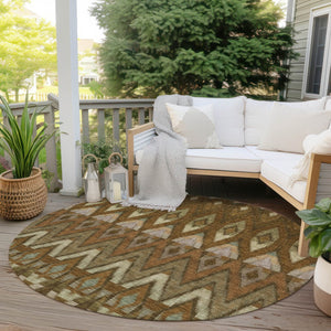 Homeroots 3' Southwestern Washable Indoor Outdoor Area Rug In Brown Beige And Artichoke Green For Versatile Style 8' Round Polyester 578462