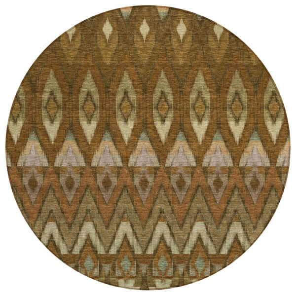 HomeRoots 5' Southwestern Area Rug in Brown, Beige & Artichoke Green – Durable, Washable for Indoor/Outdoor Use 8' Round 578462