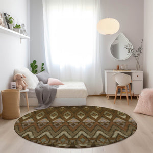 Homeroots 3' Southwestern Washable Indoor Outdoor Area Rug In Brown Beige And Artichoke Green For Versatile Style 8' Round Polyester 578462