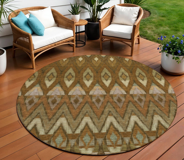 Homeroots 3' Southwestern Washable Indoor Outdoor Area Rug In Brown Beige And Artichoke Green For Versatile Style 8' Round Polyester 578462