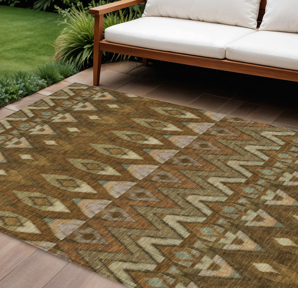 Homeroots 3' Southwestern Washable Indoor Outdoor Area Rug In Brown Beige And Artichoke Green For Versatile Style 9' X 12' Polyester 578464