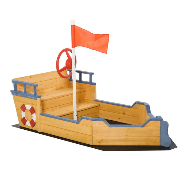 English Elm Outsunny Cedar Wood Pirate Ship Sandbox with Bench Seating and Storage for Kids W2225P217337