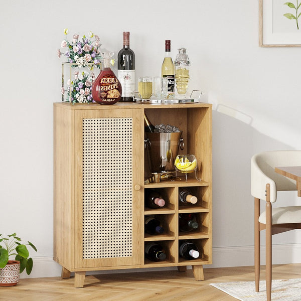 English Elm Rattan Cane Front Sideboard with Drawers Adjustable Shelf Bohemian Storage Cabinet Natural T3623P434759