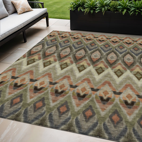 Homeroots 3' Southwestern Washable Indoor Outdoor Area Rug In Brown Beige And Artichoke Green For Versatile Style 5' X 8' Polyester 578485