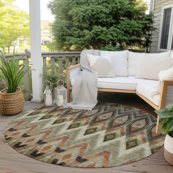 Homeroots 3' Southwestern Washable Indoor Outdoor Area Rug In Brown Beige And Artichoke Green For Versatile Style 8' Round Polyester 578486