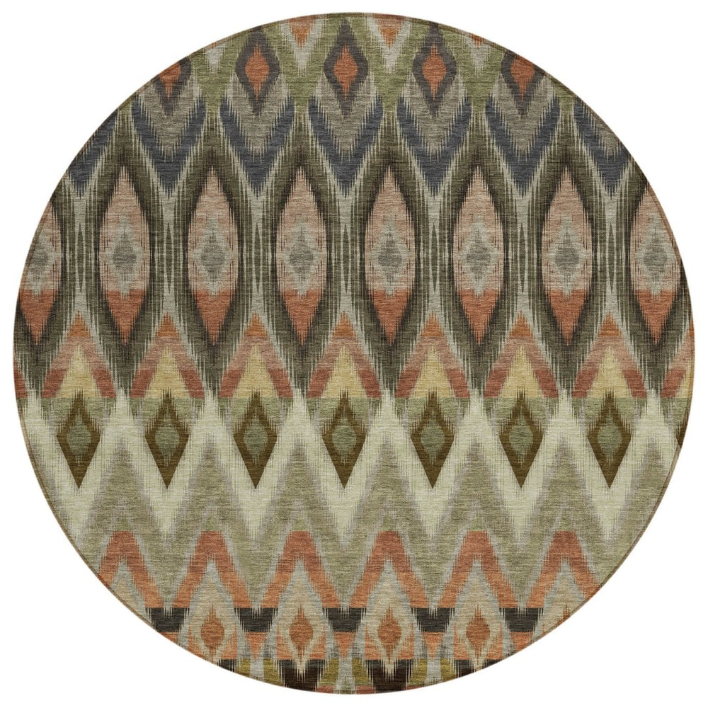 HomeRoots 5' Southwestern Area Rug in Taupe, Olive Green & Beige – Durable, Washable, Indoor/Outdoor Style! 8' Round 578486