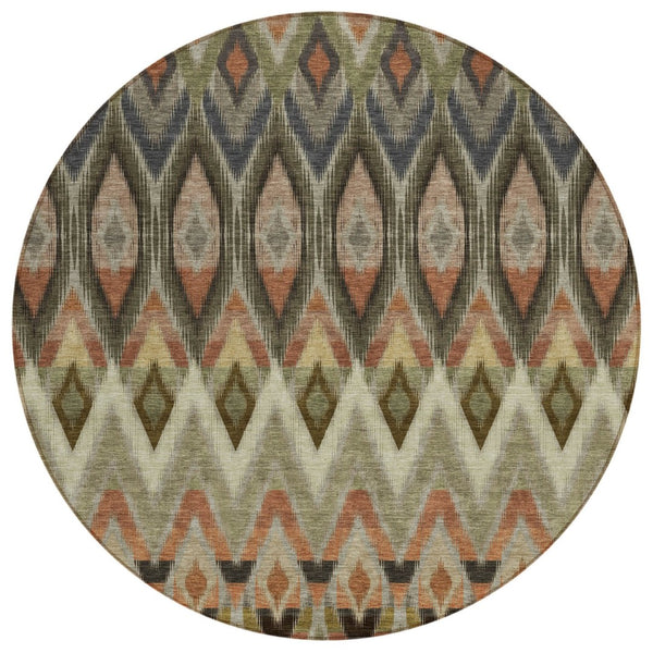 HomeRoots 5' Southwestern Area Rug in Taupe, Olive Green & Beige – Durable, Washable, Indoor/Outdoor Style! 8' Round 578486