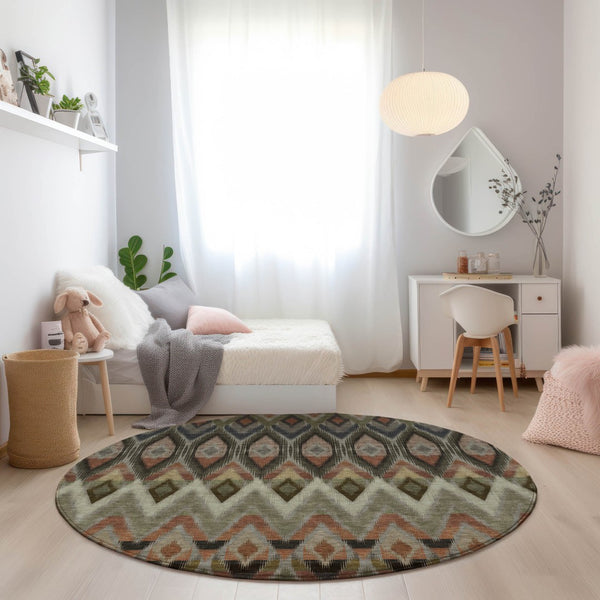 Homeroots 3' Southwestern Washable Indoor Outdoor Area Rug In Brown Beige And Artichoke Green For Versatile Style 8' Round Polyester 578486